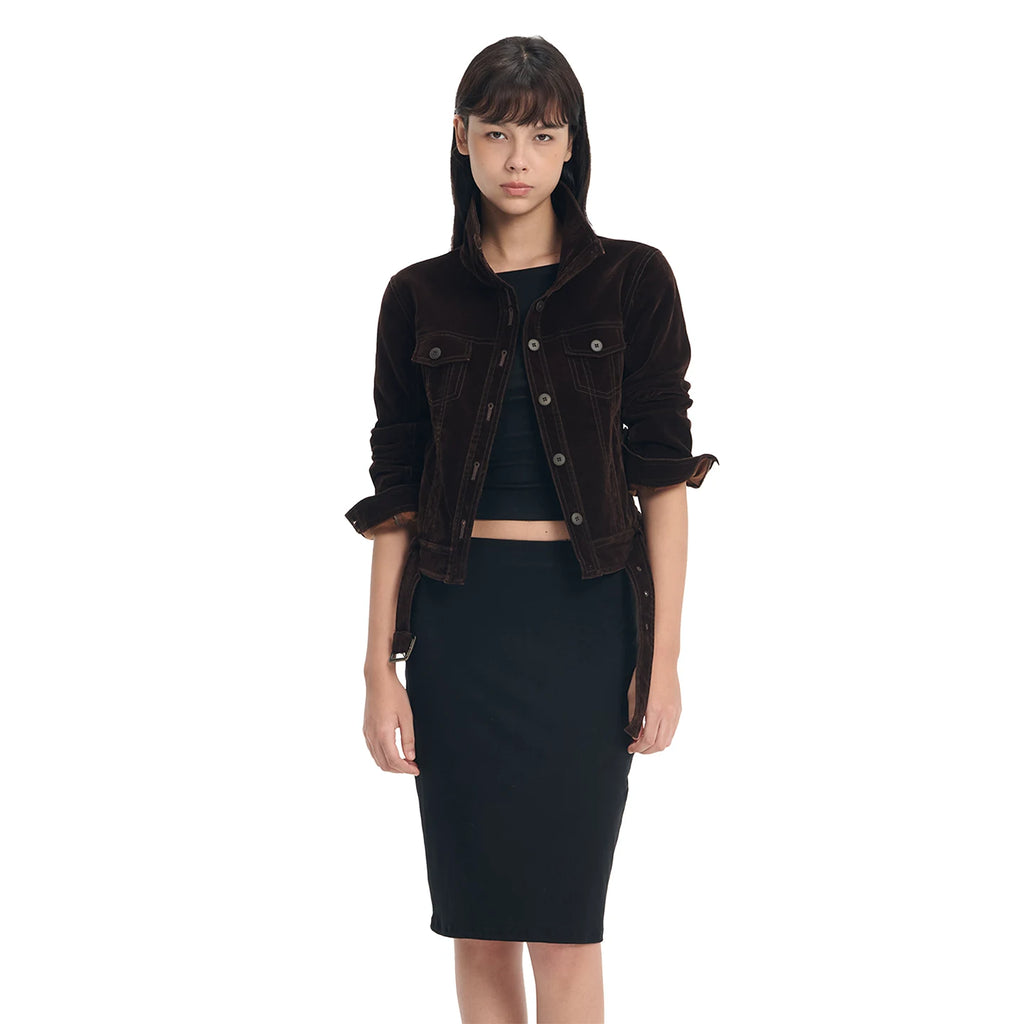 LINY LIBERTY Vintage Velvet-Touch Stand Collar Denim Moto Jacket