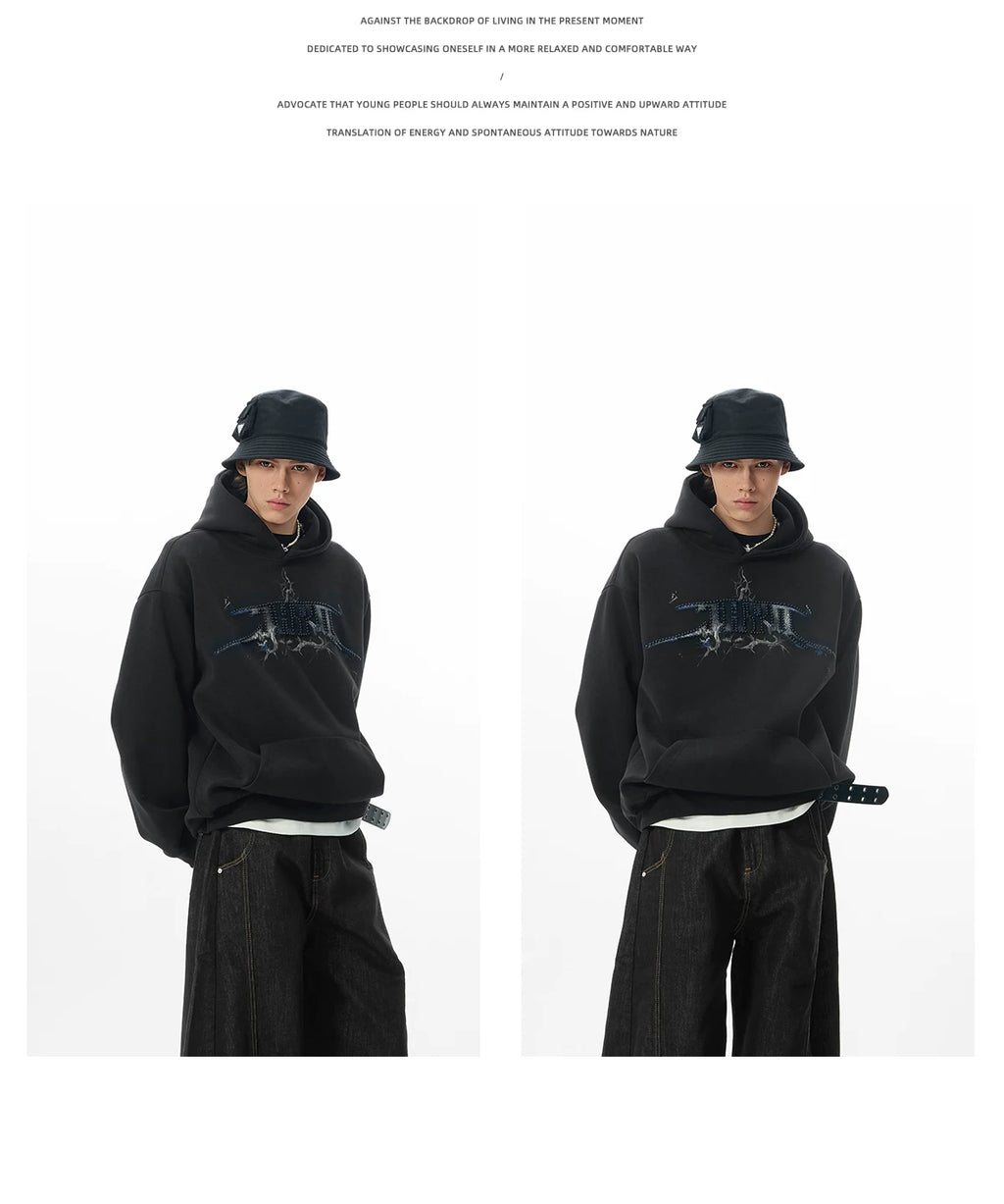 JHYQ Retro Letter Print Beaded Hooded Sweater