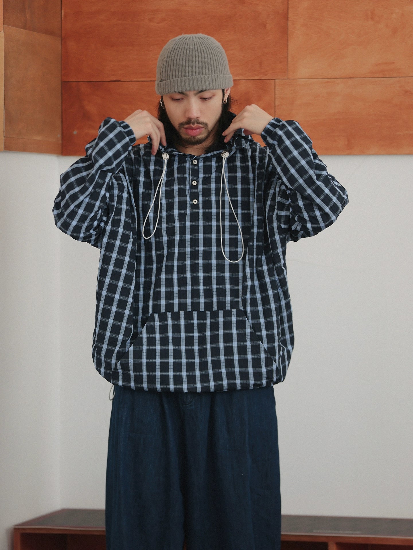 NOEARS Vintage Plaid Loose Hooded Plaid Jacket