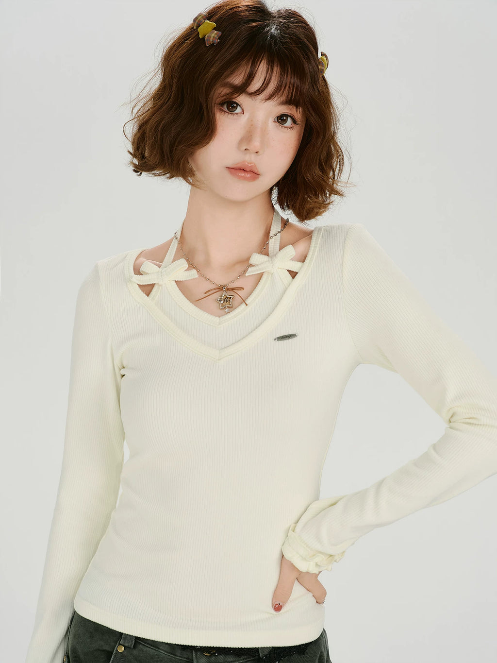 Girlyhalo Vintage Fake Two Piece Neck Slim Long Sleeve