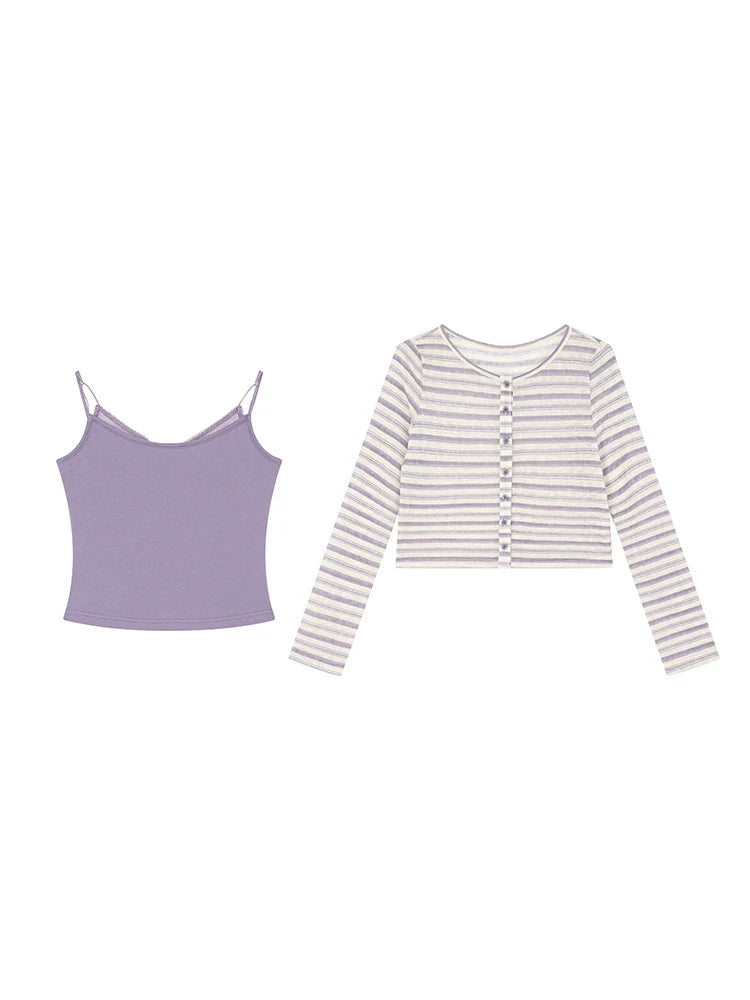 KANO Striped Cropped Cardigan Two-Piece Set