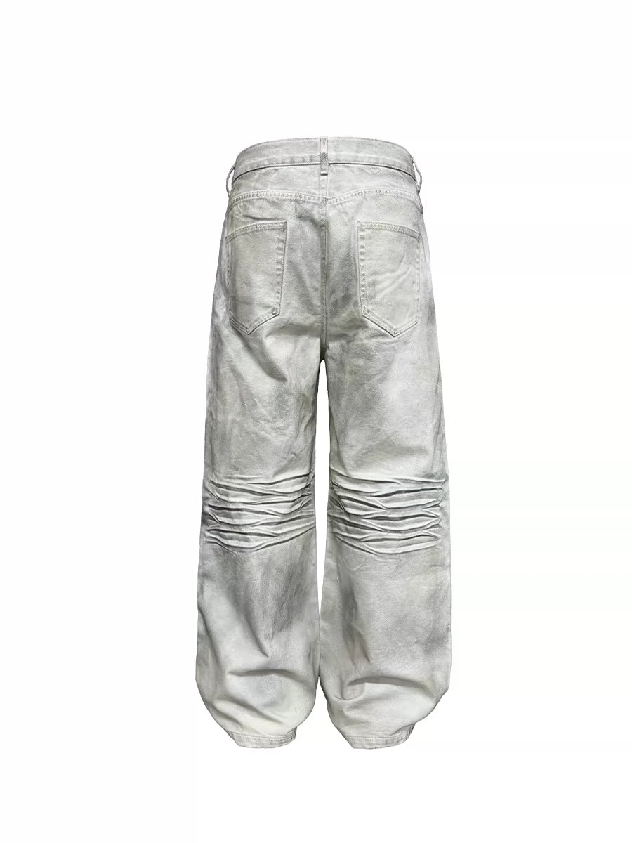 JCAESAR Dirty Denim Pleated Straight Wide Leg Jeans