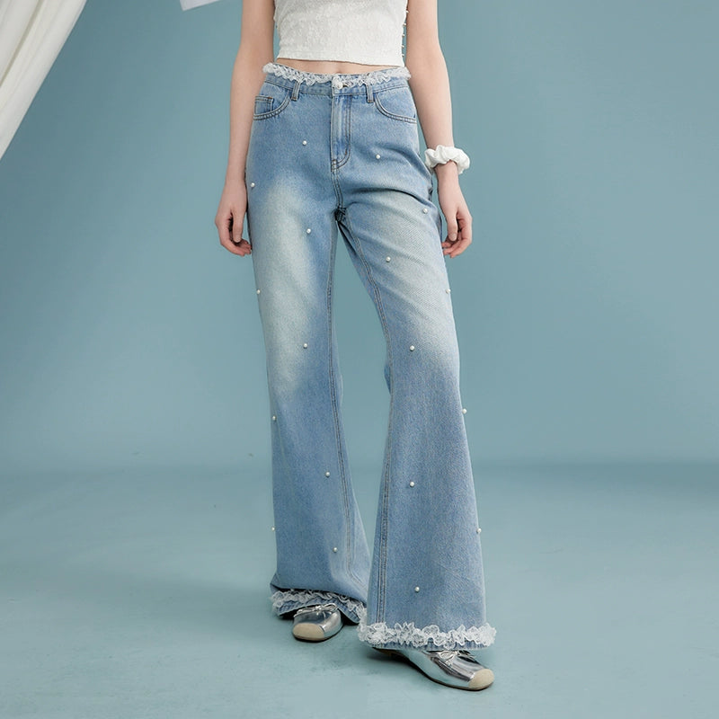UNIFREE Beaded Lace Stitching High Waist Slim Jeans
