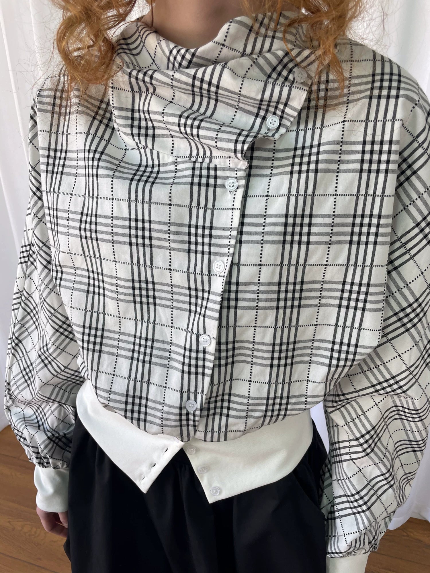 Loosesmell Plaid Pleated Collar Long-sleeved Shirt Jacket