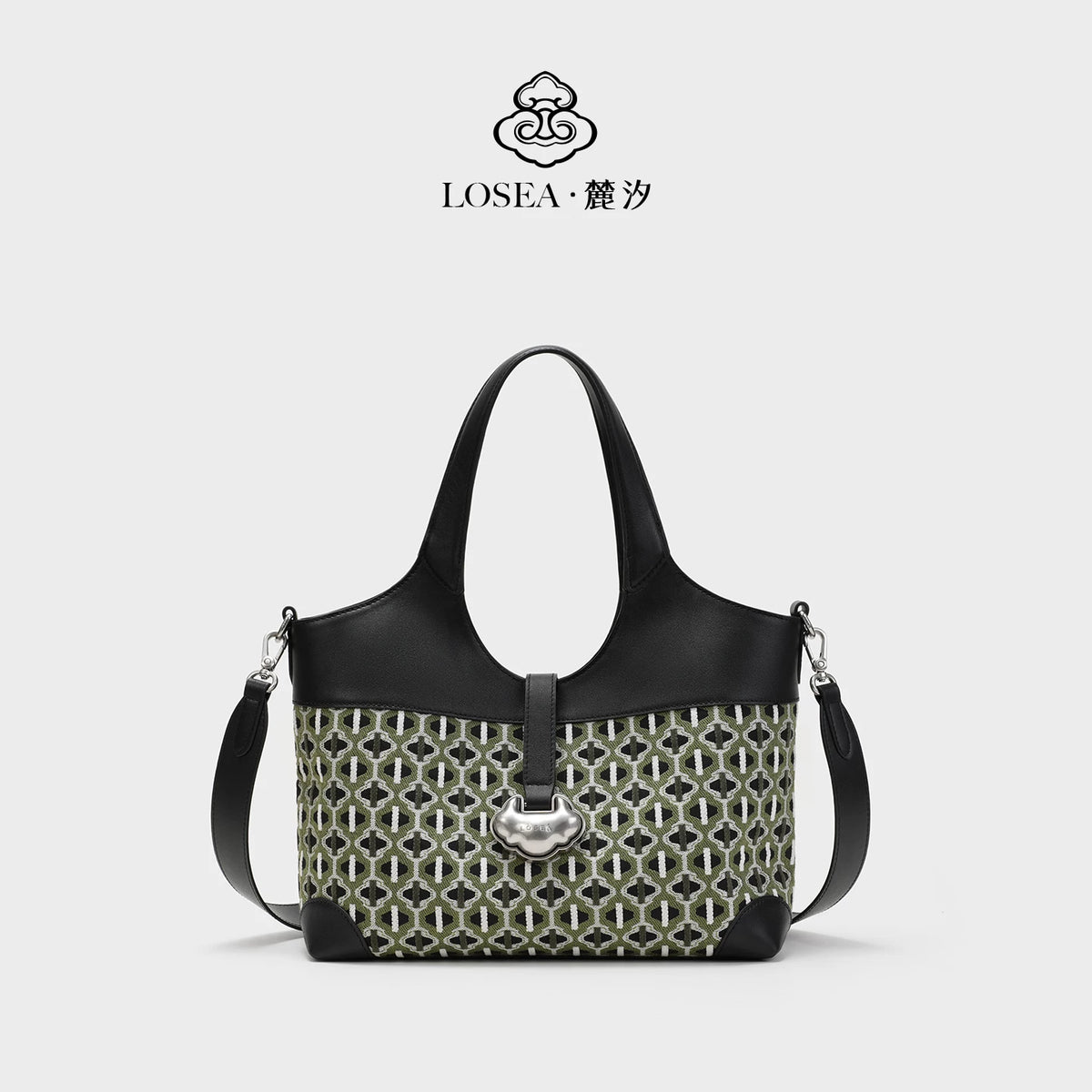 LOSEA Black Full-Grain Leather Structured Tote Bag