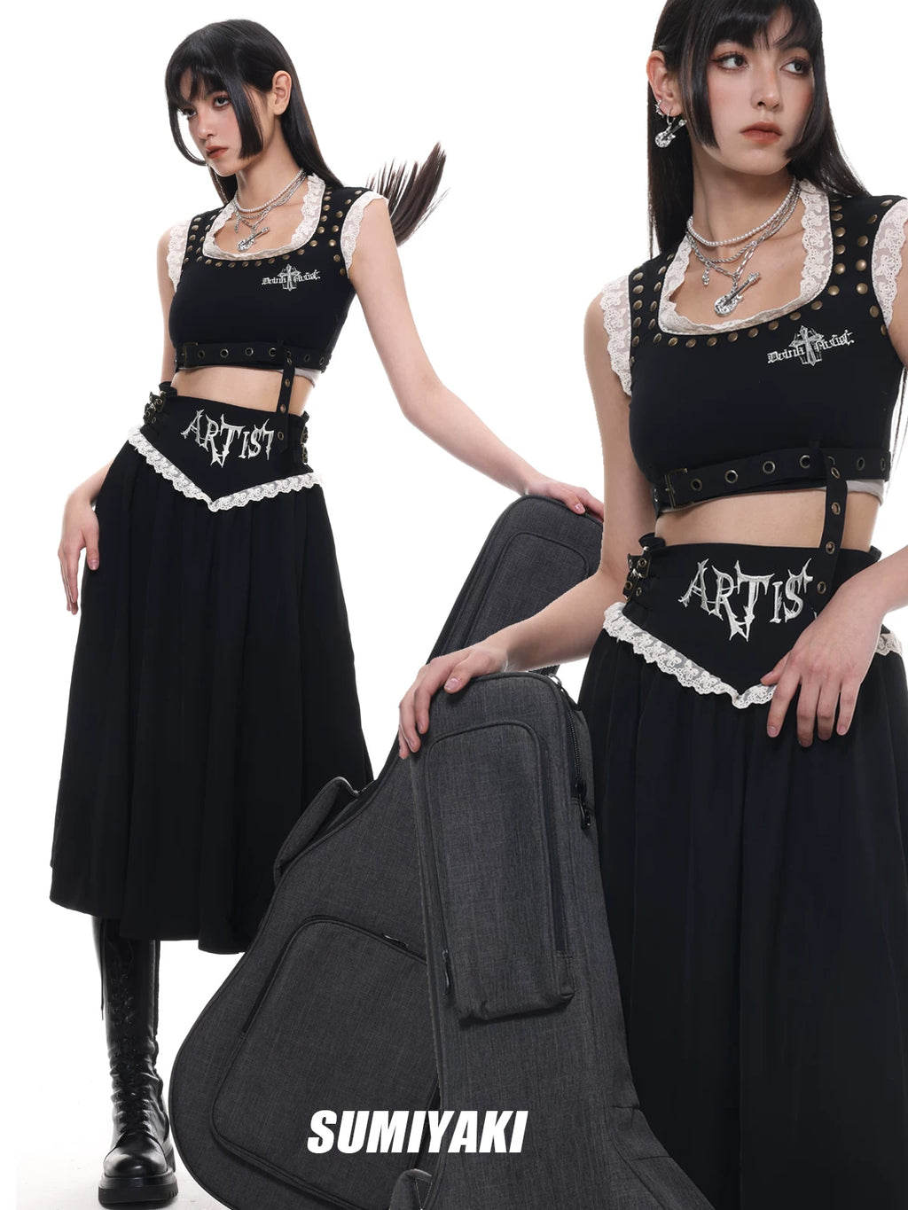 SUMIYAKI Punk Guitar Pearl Layered Choker Necklace