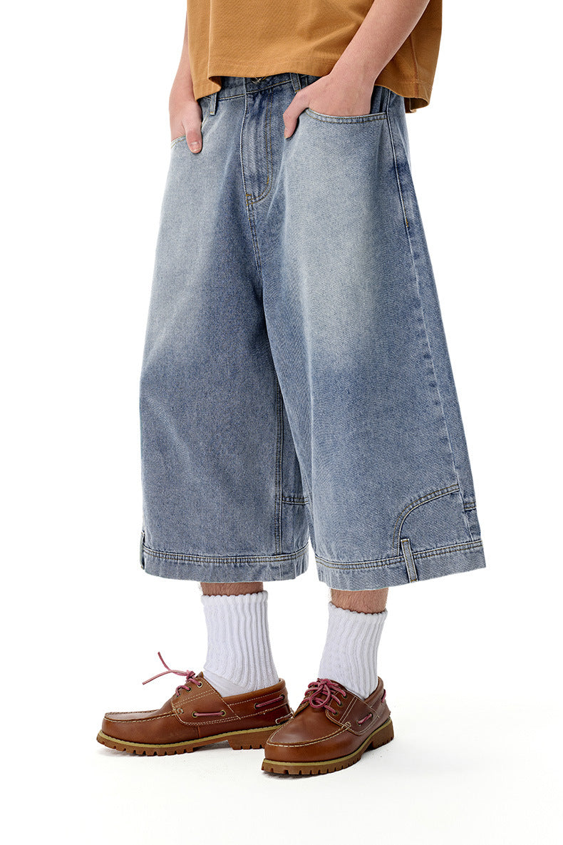 INF Anti-structure washing seven-point denim shorts