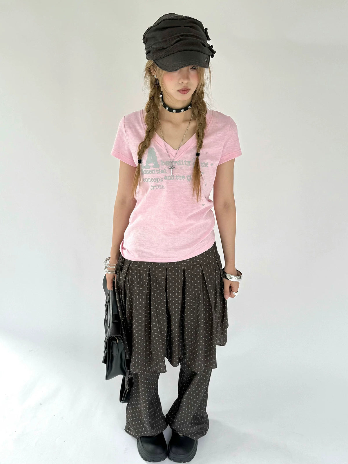Kasugano TOO Brown-Green Plaid High-Waist A-Line Skirt Pants