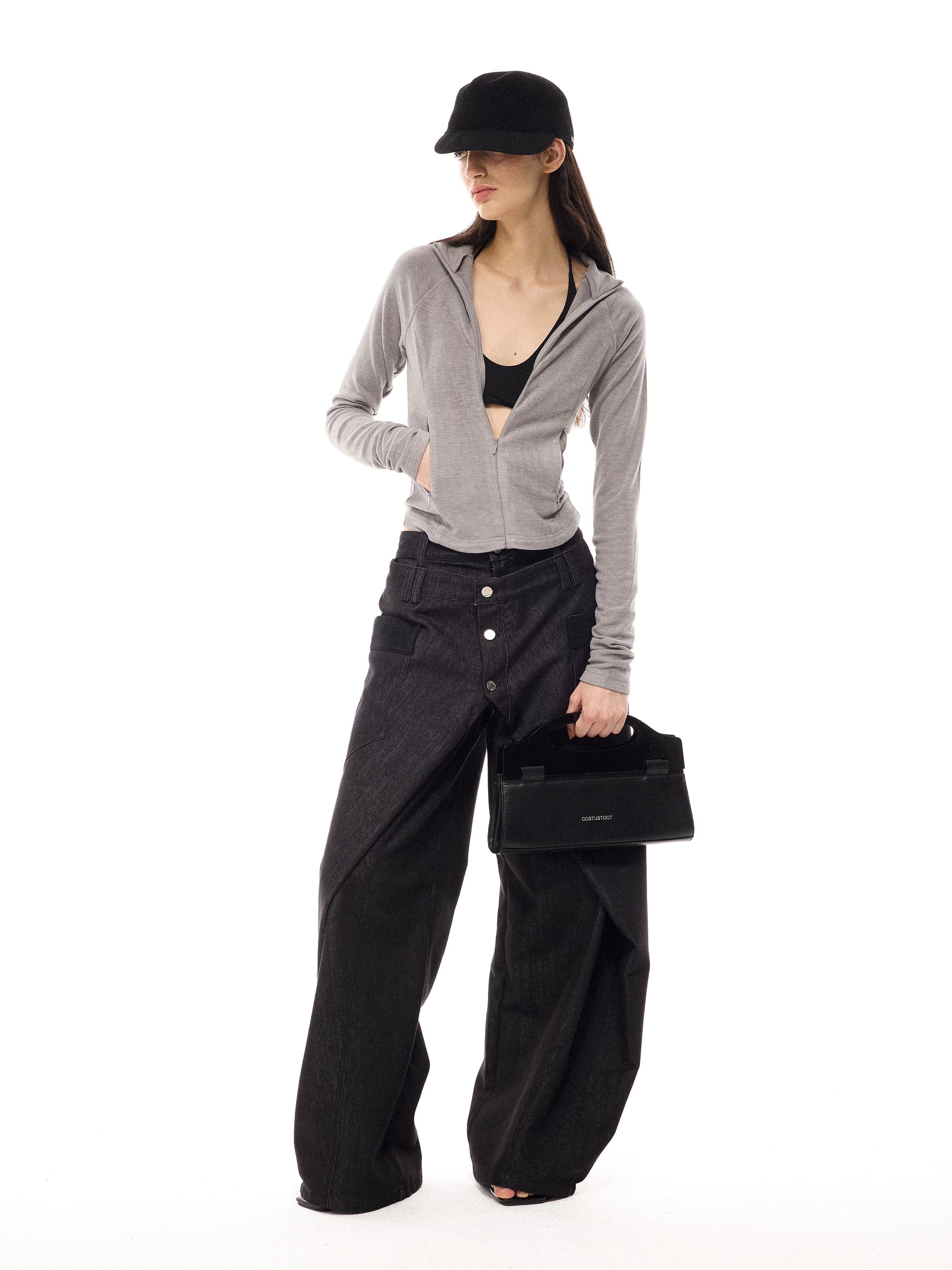 COSTUSTOOT Black Faux Leather Magnetic Snap Top-Handle Bag