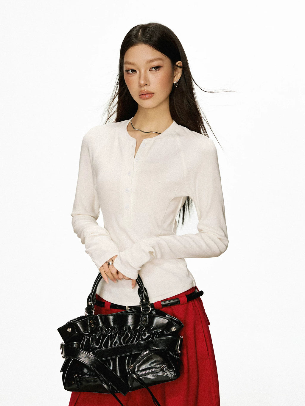 Cherry Melody Henry Collar Button Versatile Primer Long Sleeve