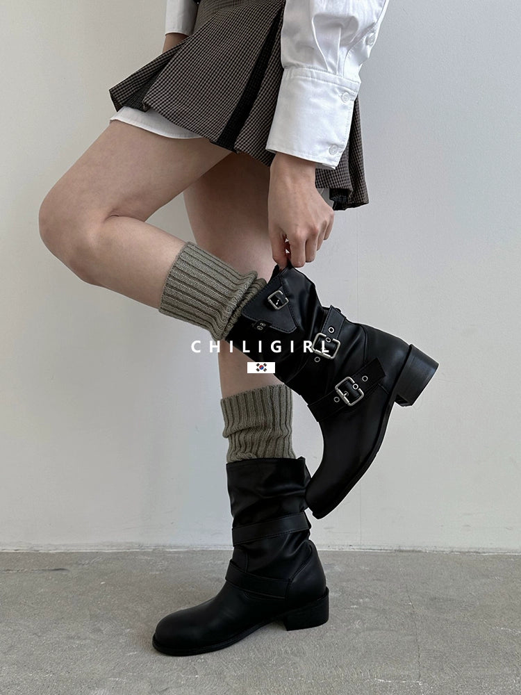 CHILIGIRL Soft Leather Belt Buckle Versatile Coarse Heel Sleeve Boots