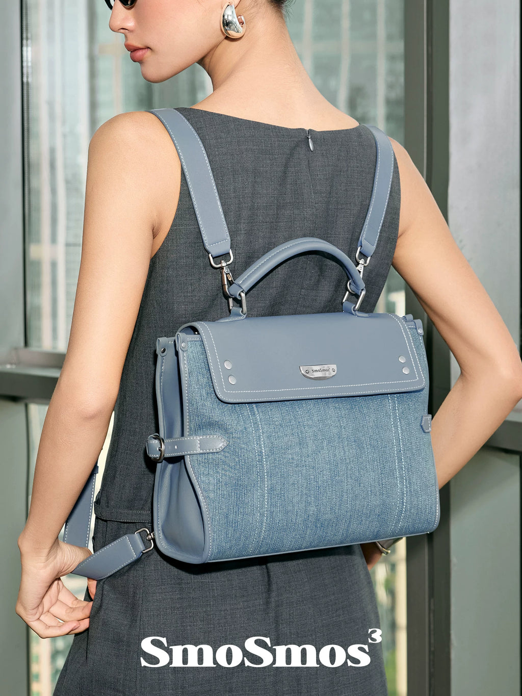 SmoSmos Ice Blue Denim Flap-Top Backpack