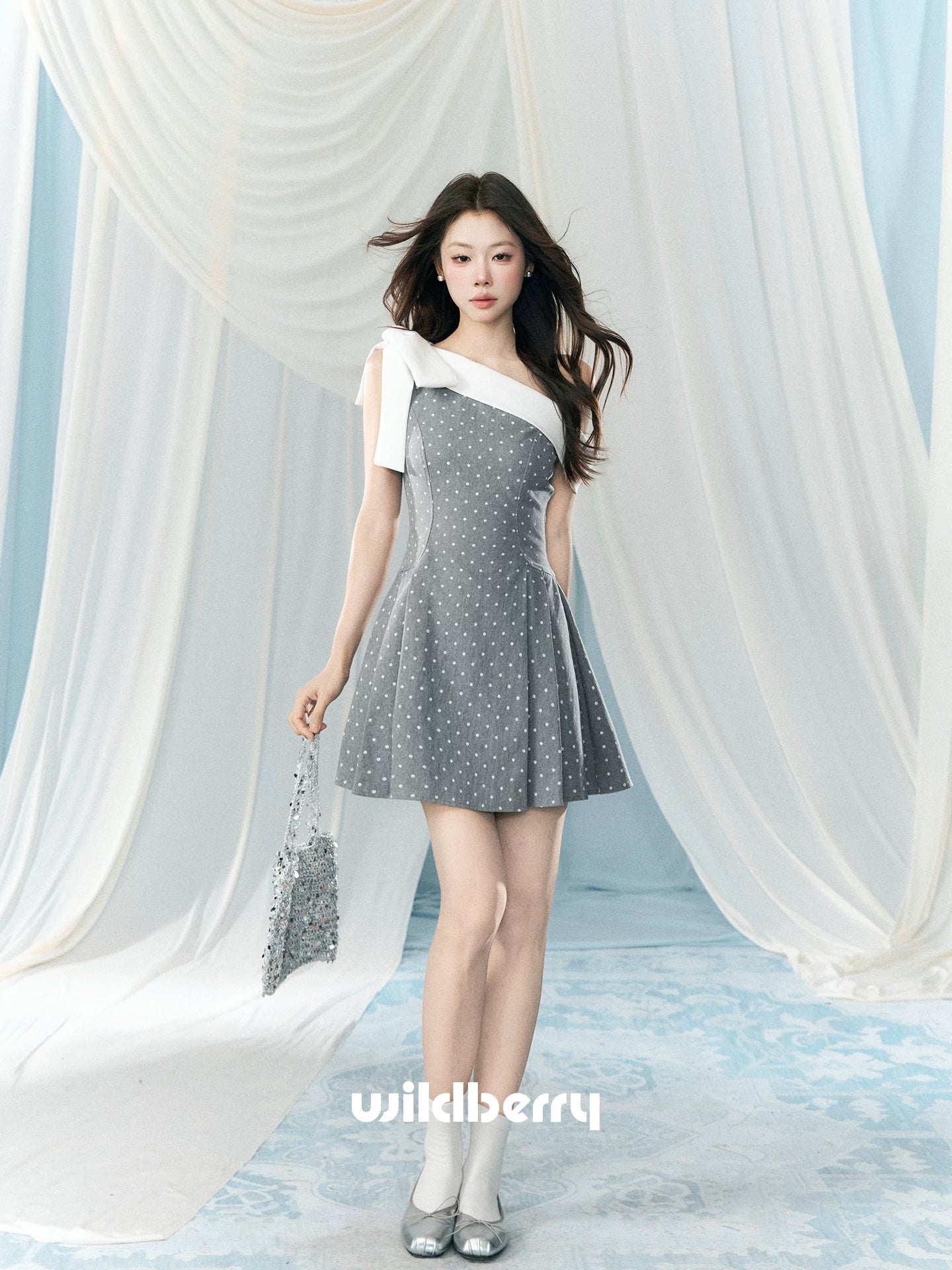 Wildberry Slanted Shoulder Polka Dot Dress