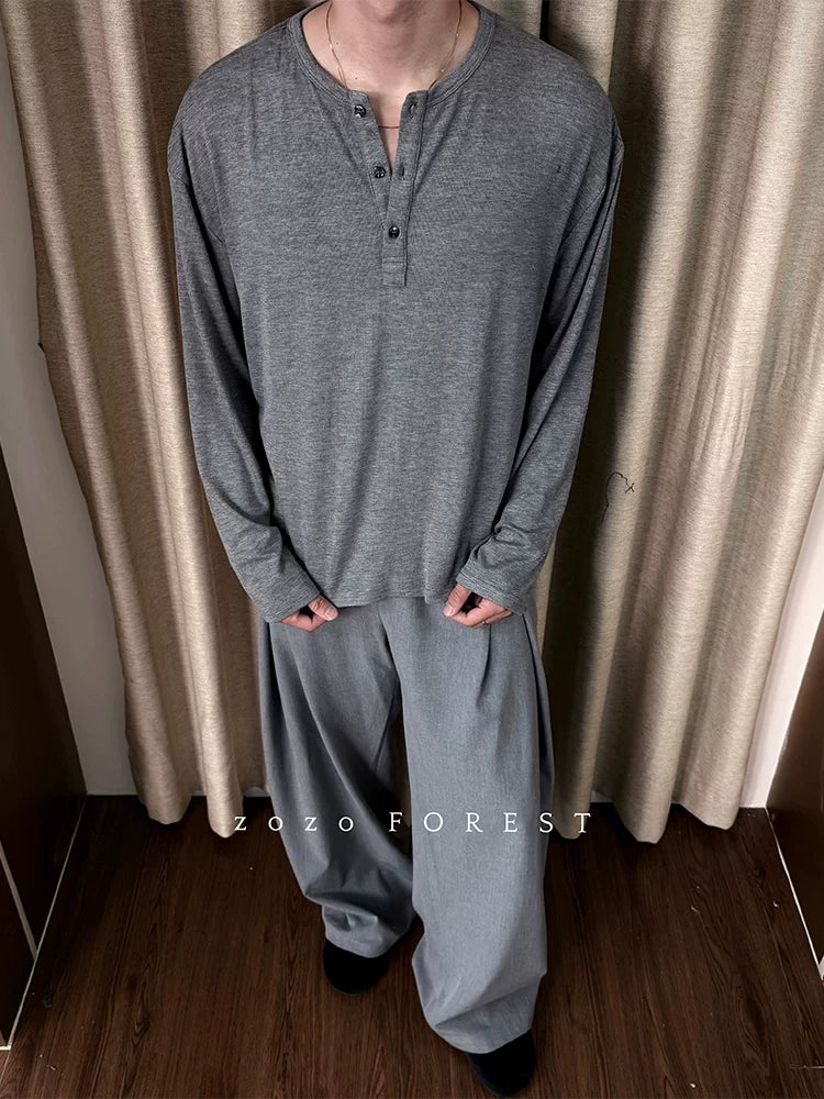 ZOZO FOREST Relaxed Button Soft Lightweight Henry Neck Long Sleeve Sweatshirt