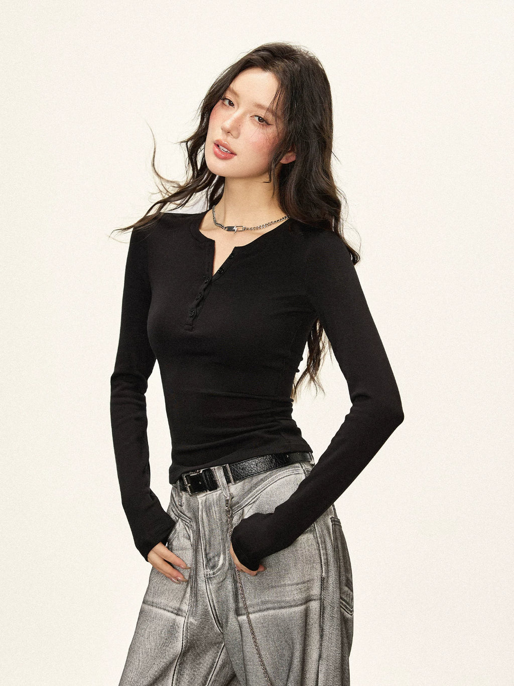 Cherry Melody Cropped Ribbed Henley Long-Sleeve Tee