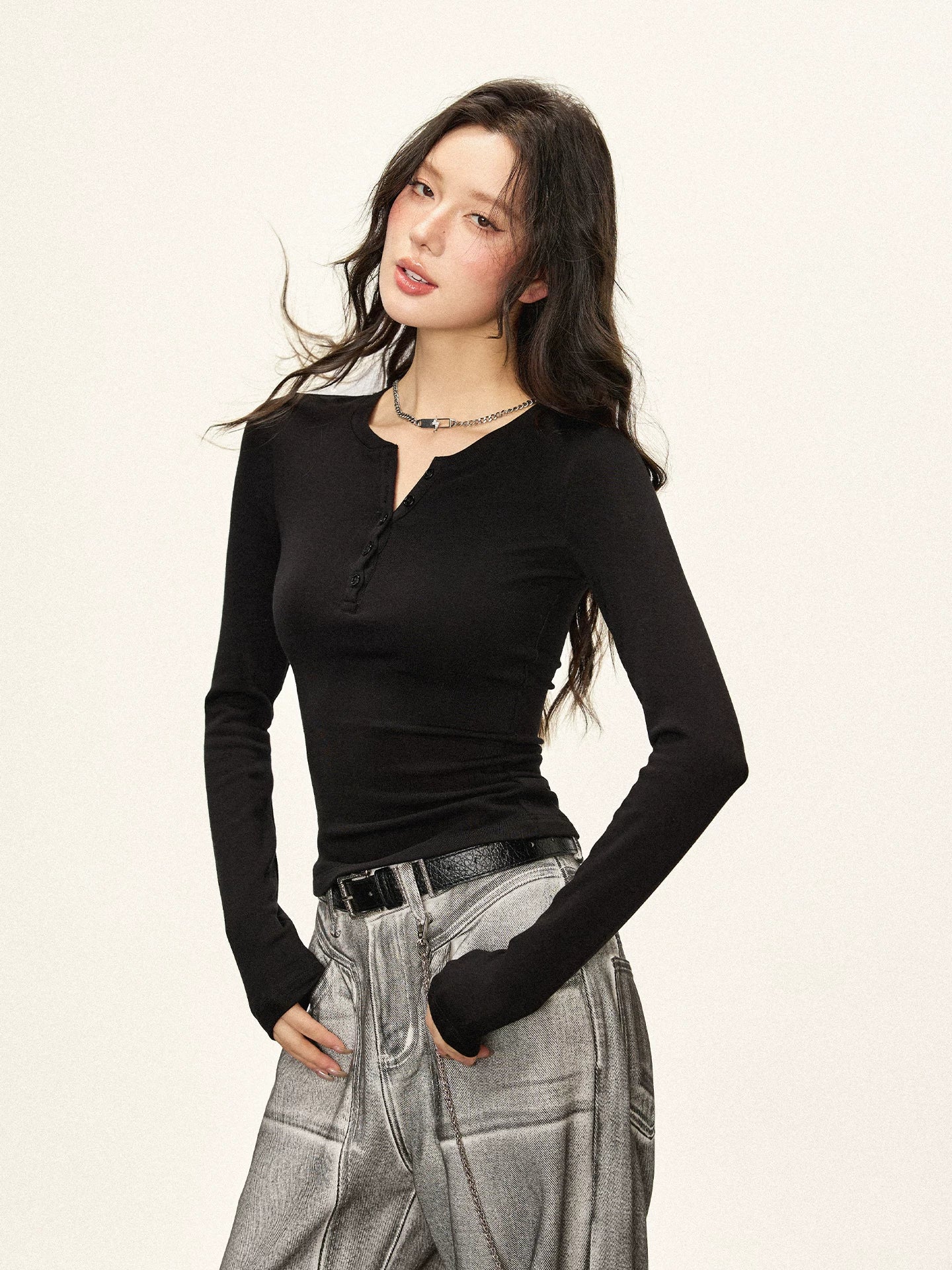 Cherry Melody Cropped Ribbed Henley Long-Sleeve Tee