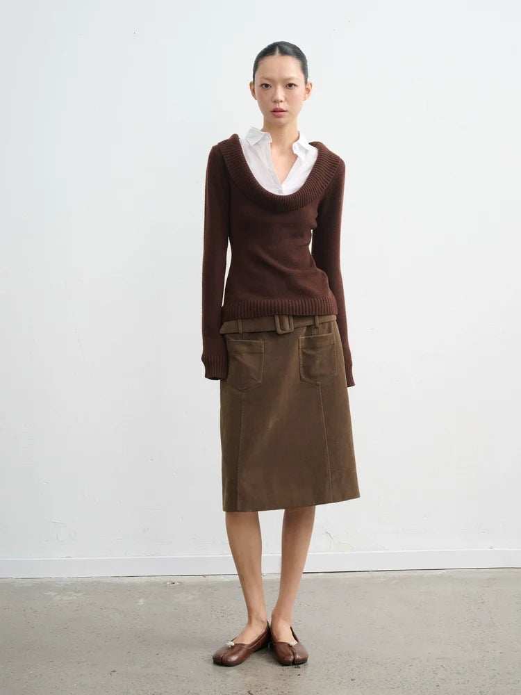 (Clearance) LINY LIBERTY Deep U-neck Fake Two-piece Slim-fit Knitted Sweater
