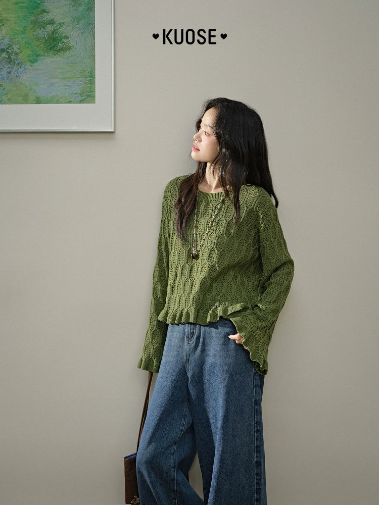 Kuose Hollow Short Long-sleeved Knitted Sweater
