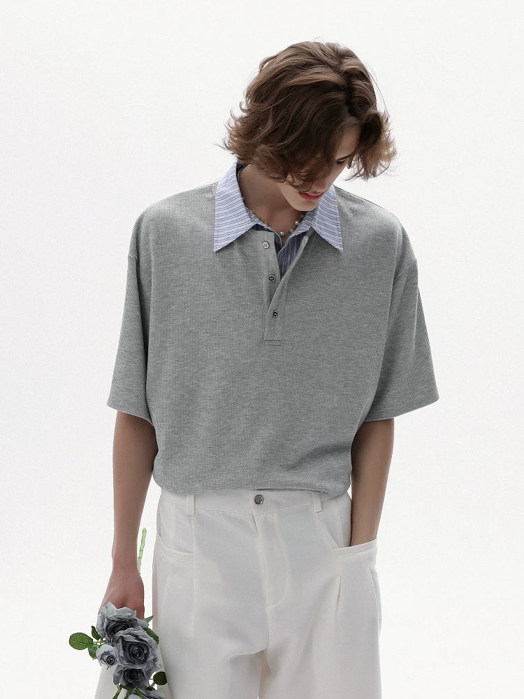 CHOR Fake Two-piece Striped Lapel Loose Tee
