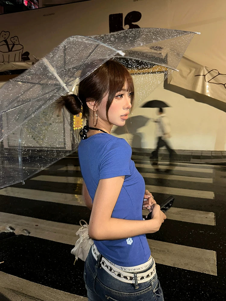 EAHO V-neck Button Letter Print Slim Tee