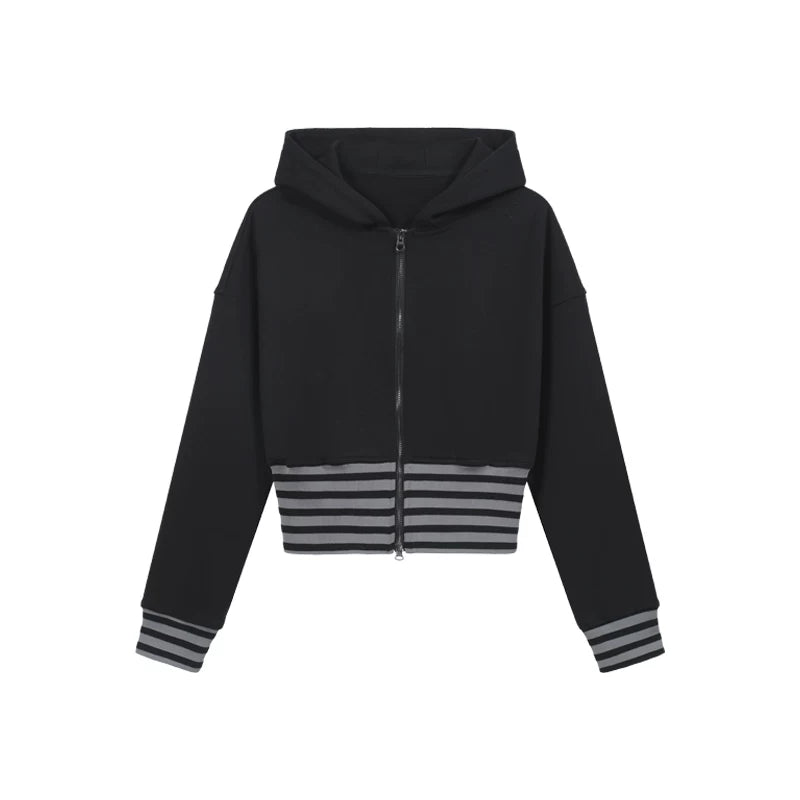COSTUSTOOT Striped Zip-Up Slim Cropped Hoodie