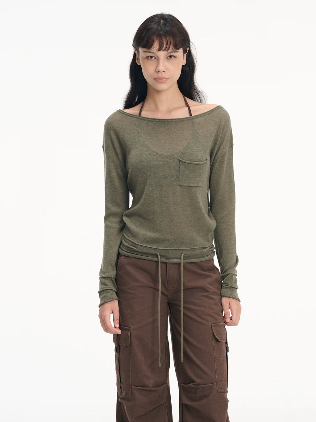 LINY LIBERTY Off-Shoulder Light Knit Drawstring Loose Top