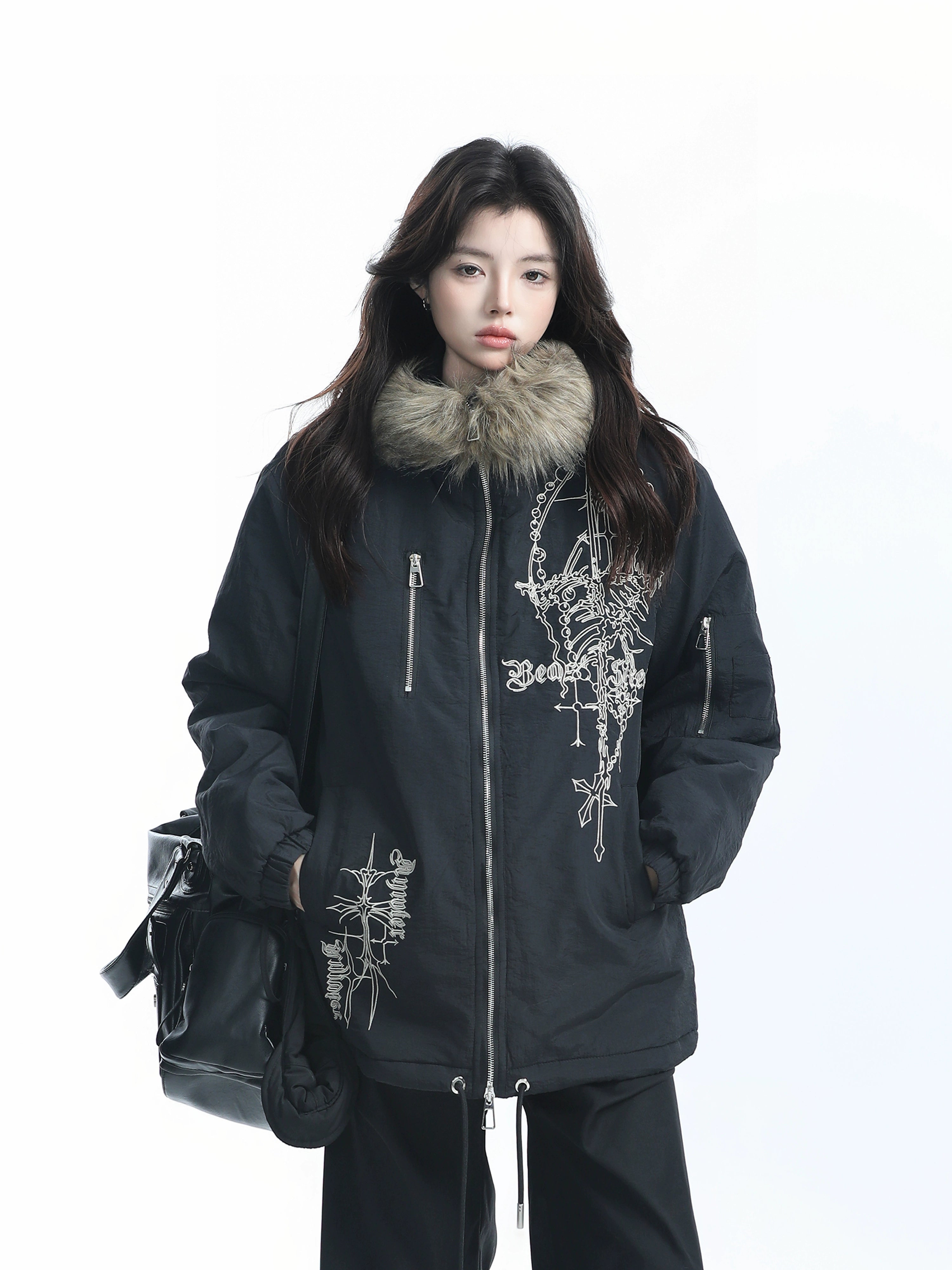 Zuocisankon Vintage Fur Collar Hooded Cotton Dress