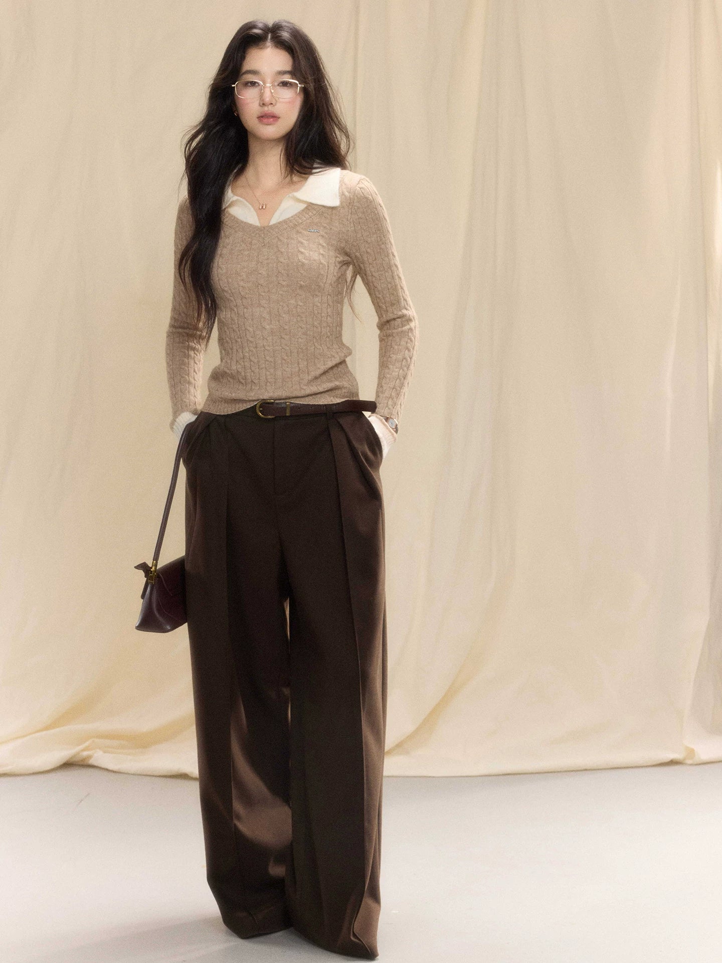 TYANG Contrasting Polo Collar Fake Two-piece Knitted Sweater