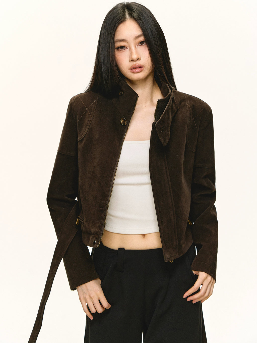 Anna Aneae Stand-up Collar Suede PU Jacket