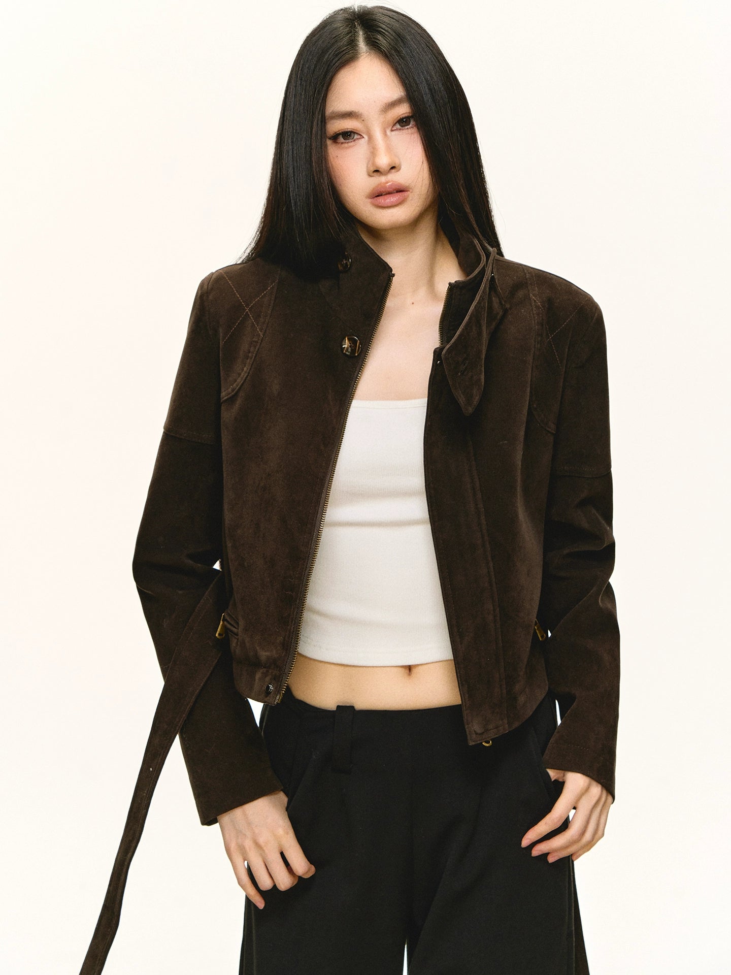 Anna Aneae Stand-up Collar Suede PU Jacket