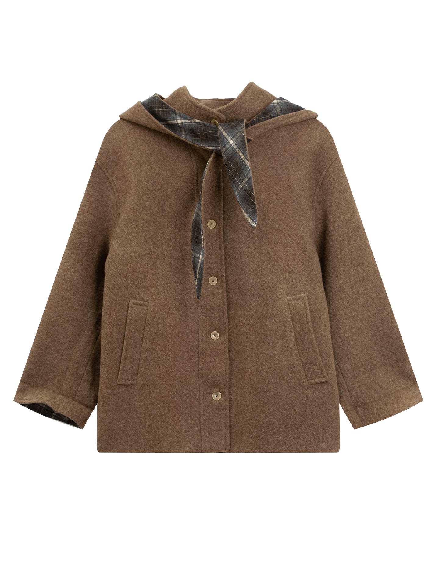 LOVEHEYNEW Vintage Plaid Hooded Removable Woolen Jacket