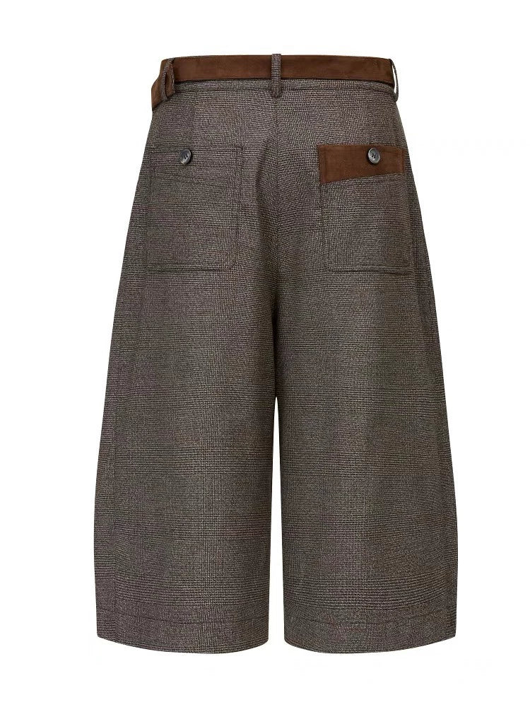 AMBSOM Suede Pleated Houndstooth Patchwork Capri Shorts