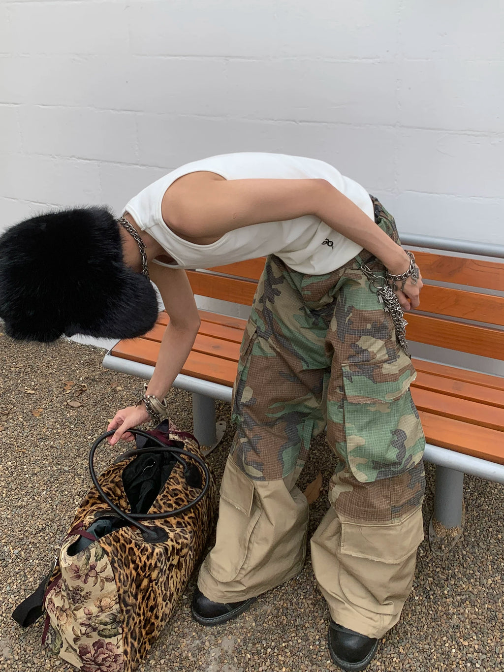 POH Fake Two-layer Frayed Stitching Camouflage Straight Wide-leg Pants