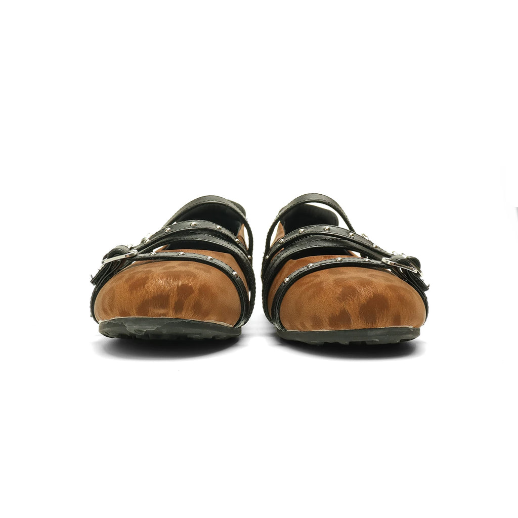ASTHER Leather Round-Toe Studded Mary Jane Flat