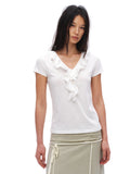 Oinimi Ruffle Edge V Neck Slim and Thin Tee