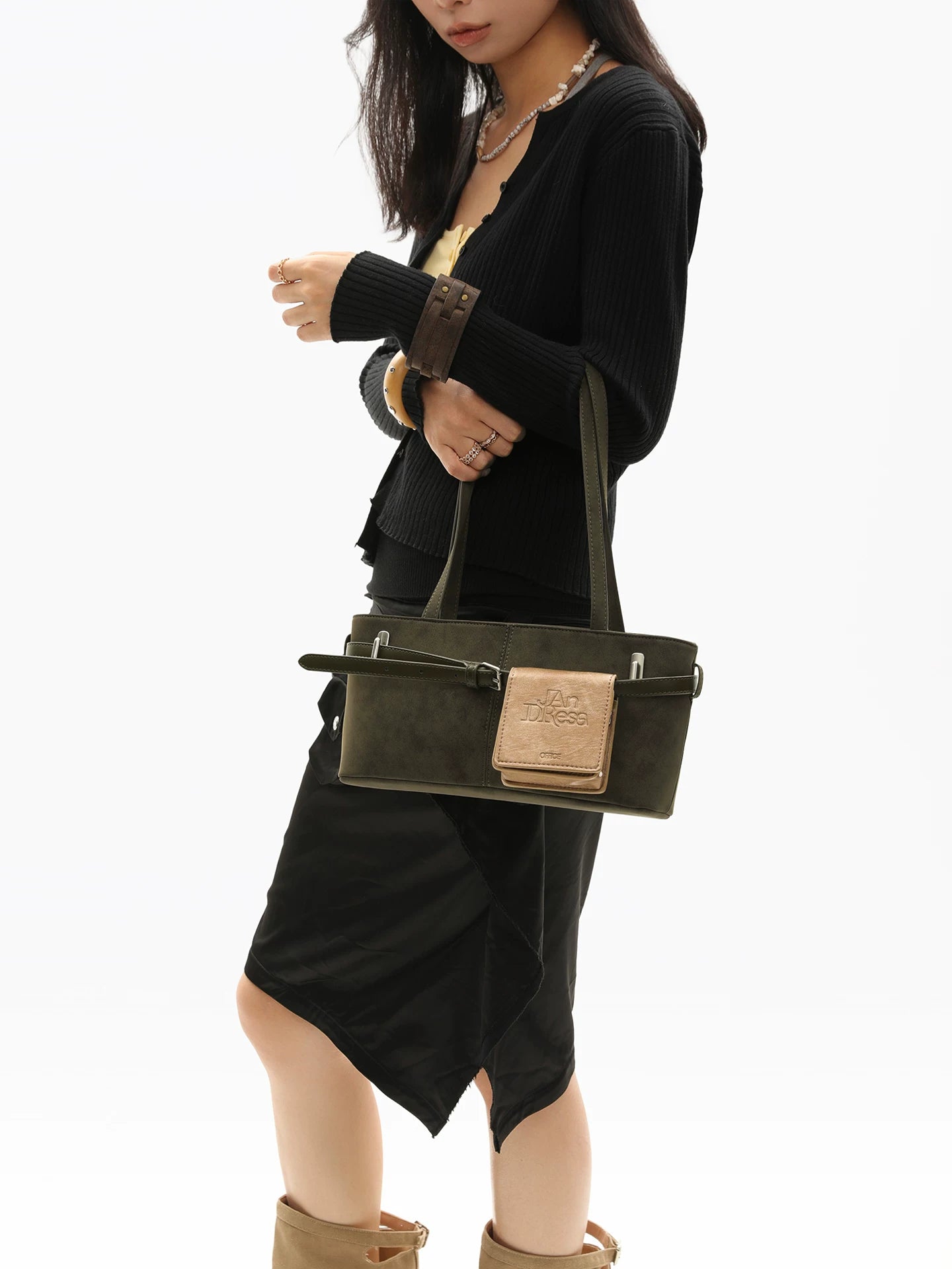JANDRESS Moss Green Faux Leather Zip-Top Shoulder Bag