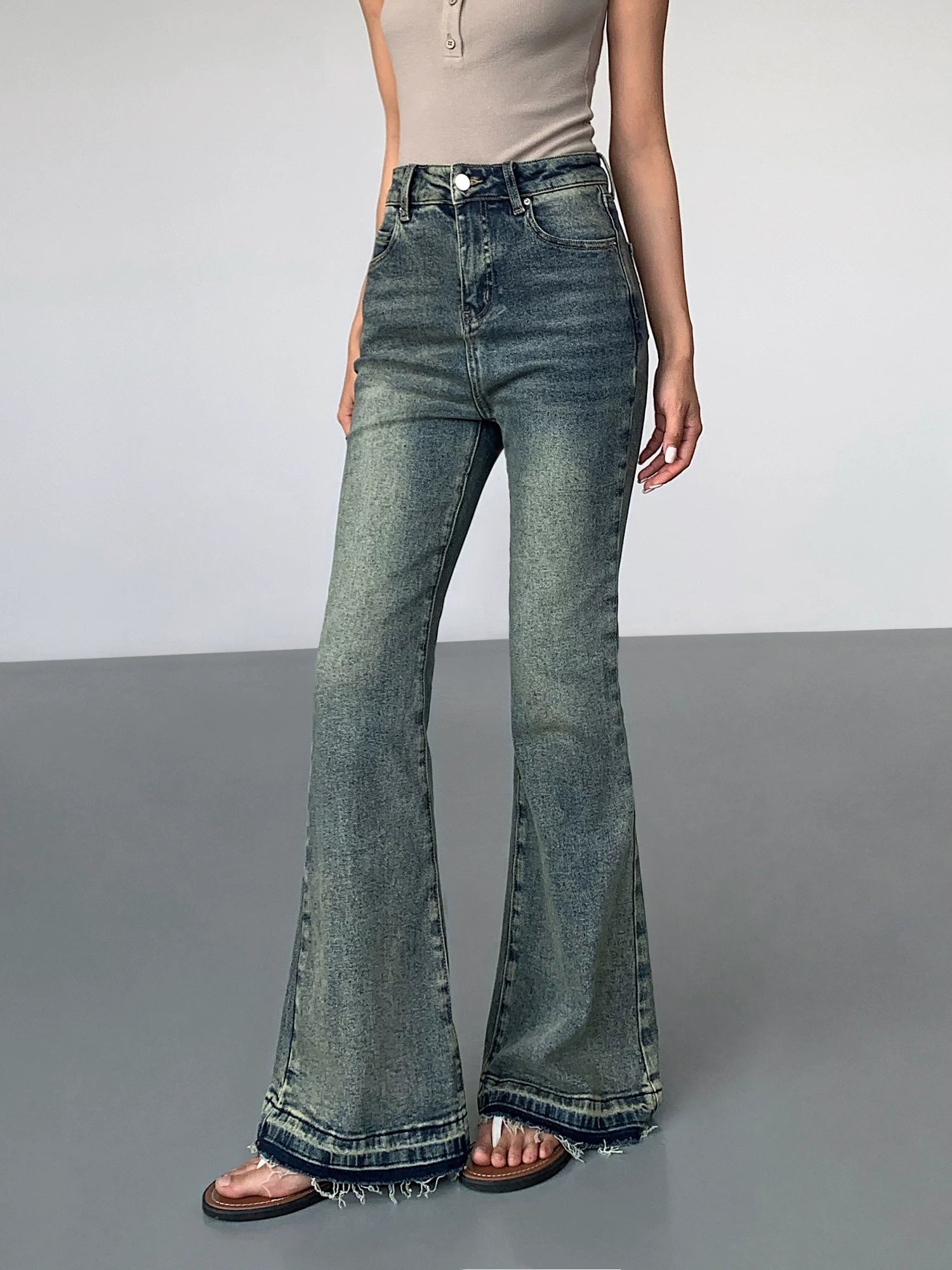 OUSPH Vintage High Waist Burr Edge Pull Jeans(clearance)