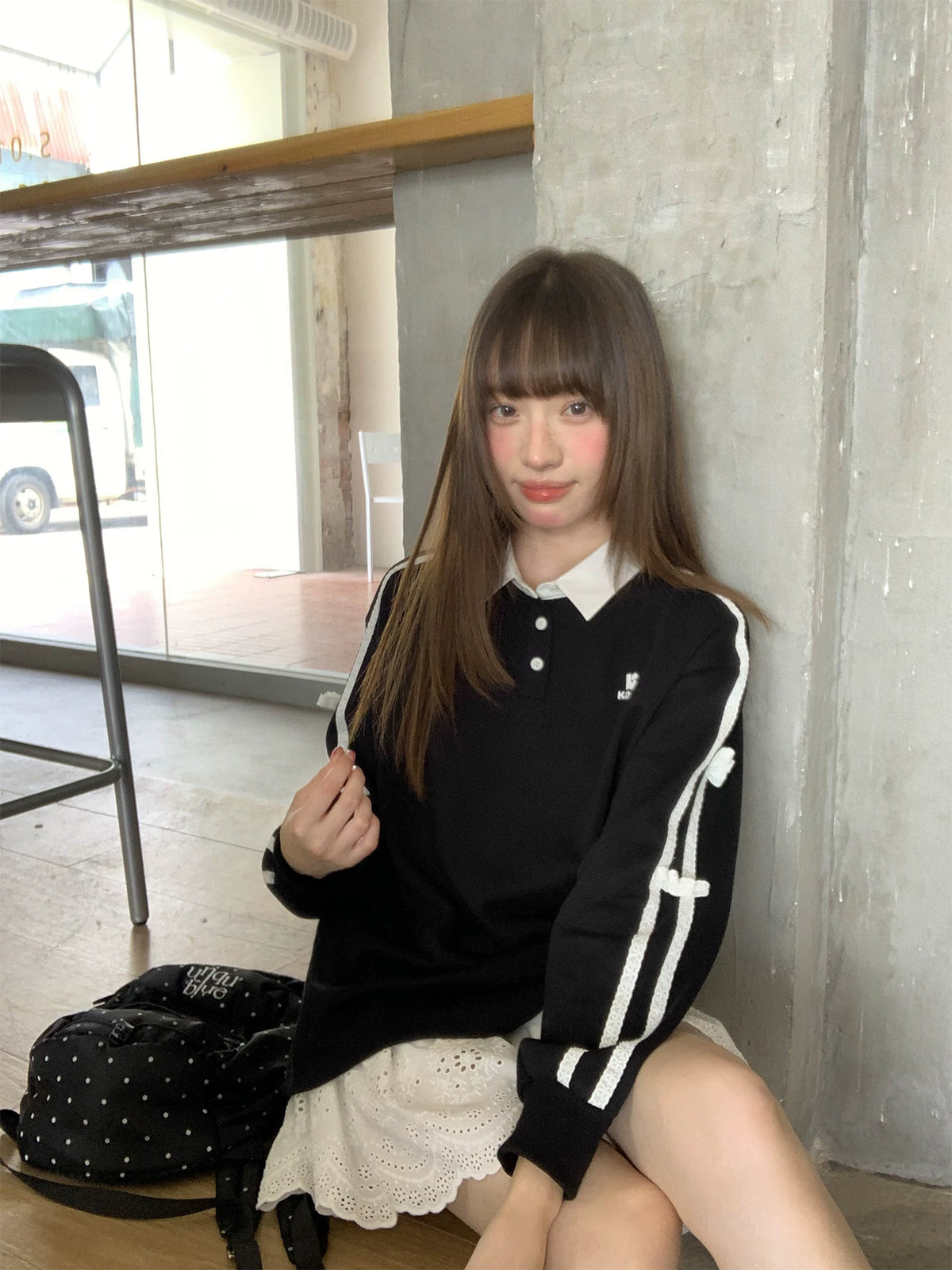KANO Color-Block Lace Bow Collar Loose Sweatshirt