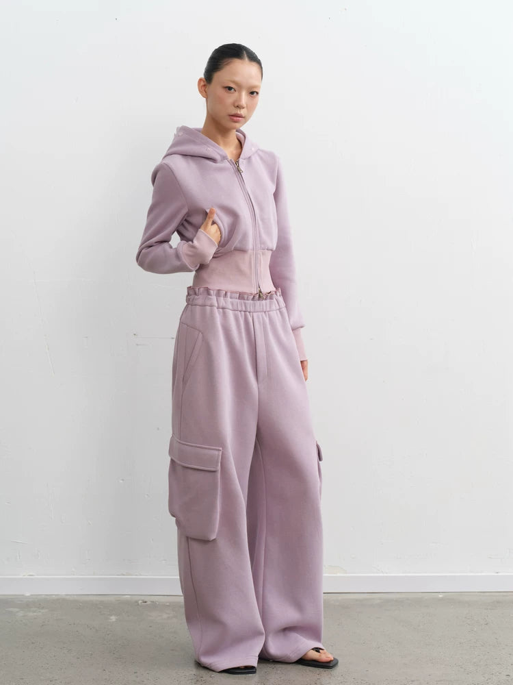 LINY LIBERTY Detachable Fur Collar Cropped Sweatshirt and Sweatpants Set