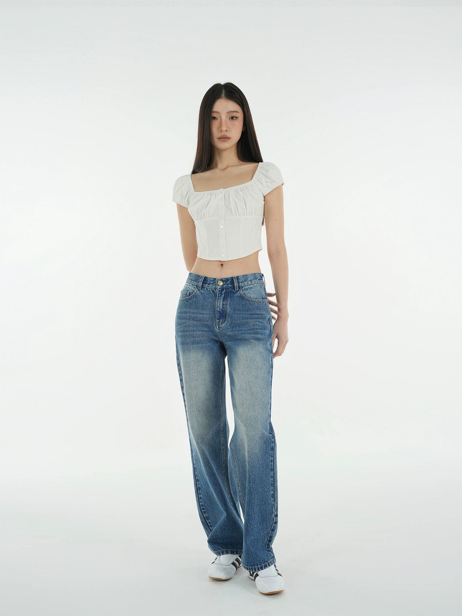 Jim Kennet Vintage Square Neck Button Slim Fit Fishbone High Waist Tee