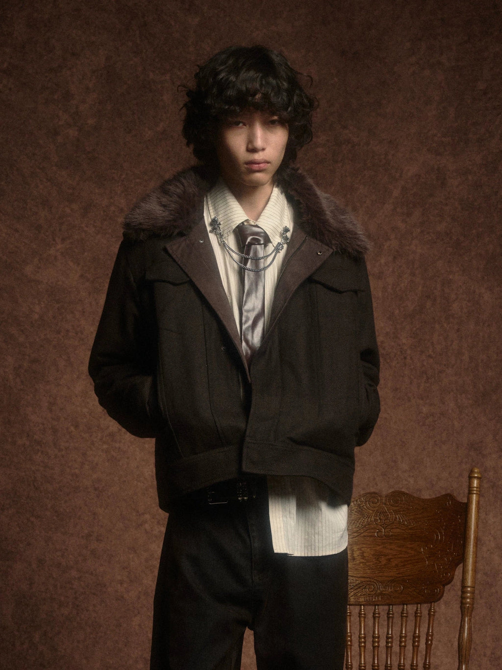 Azure Lisseur Vintage Fur Collar Fishbone Jacket