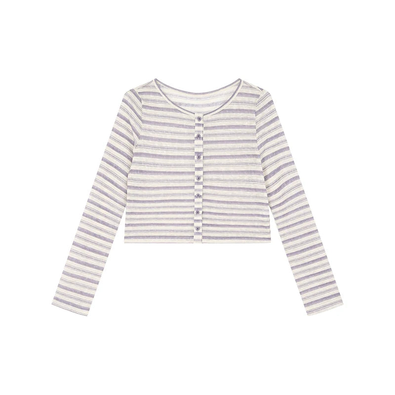 KANO Striped Cropped Cardigan Two-Piece Set
