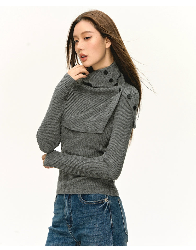 Anna Aneae Pullover High Neck Removable Shawl Bottom Long Sleeve