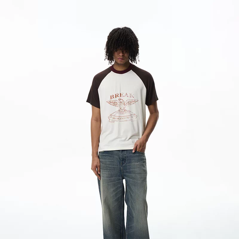 EXITMODE 26SS American Retro Letter Print Contrast Raglan Sleeve T-Shirt