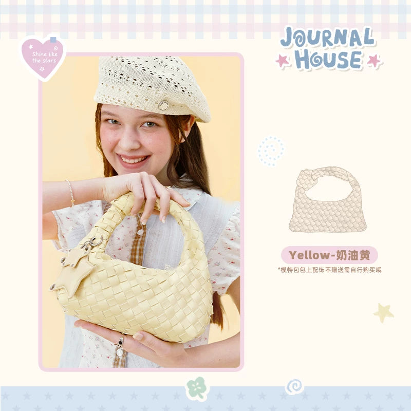 VANWALK Cream Yellow Woven Faux Leather Zip-Top Handbag
