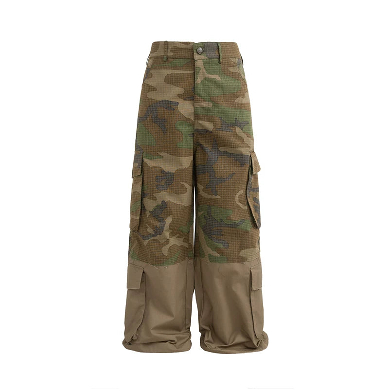 POH Fake Two-layer Frayed Stitching Camouflage Straight Wide-leg Pants