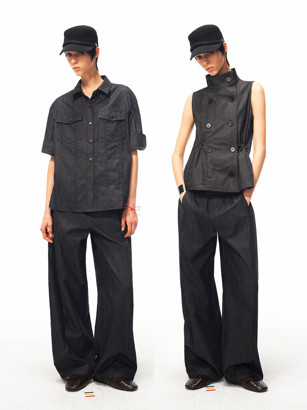 JCAESAR WOMEN Pleated Raw Denim Low-Rise Wide-Leg Jeans