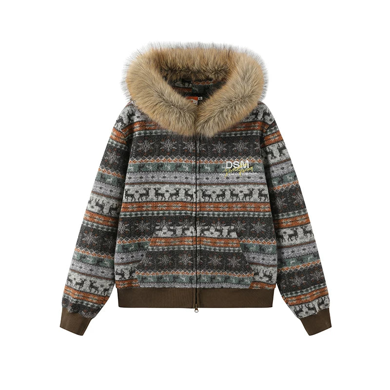 DONSMOKE Fair Isle Faux Fur Collar Zip-Up Hoodie