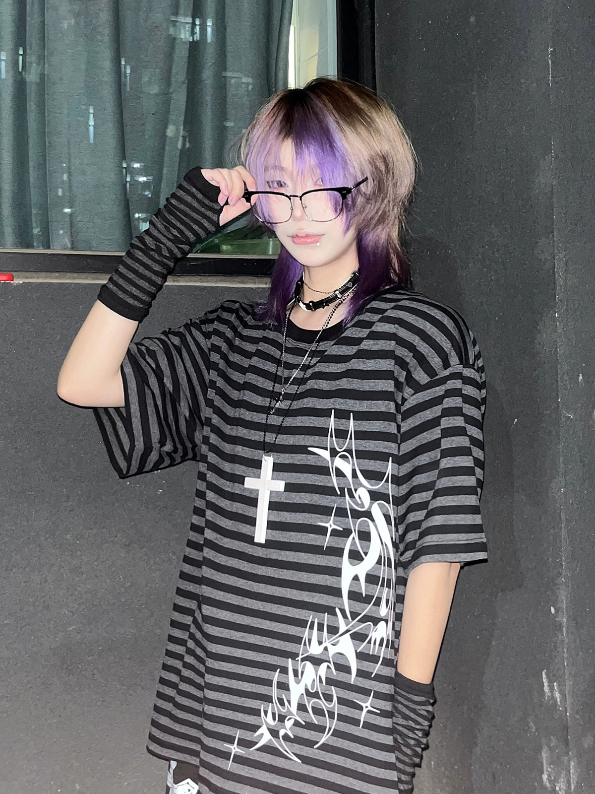 Wetbody Striped Casual Loose Tee