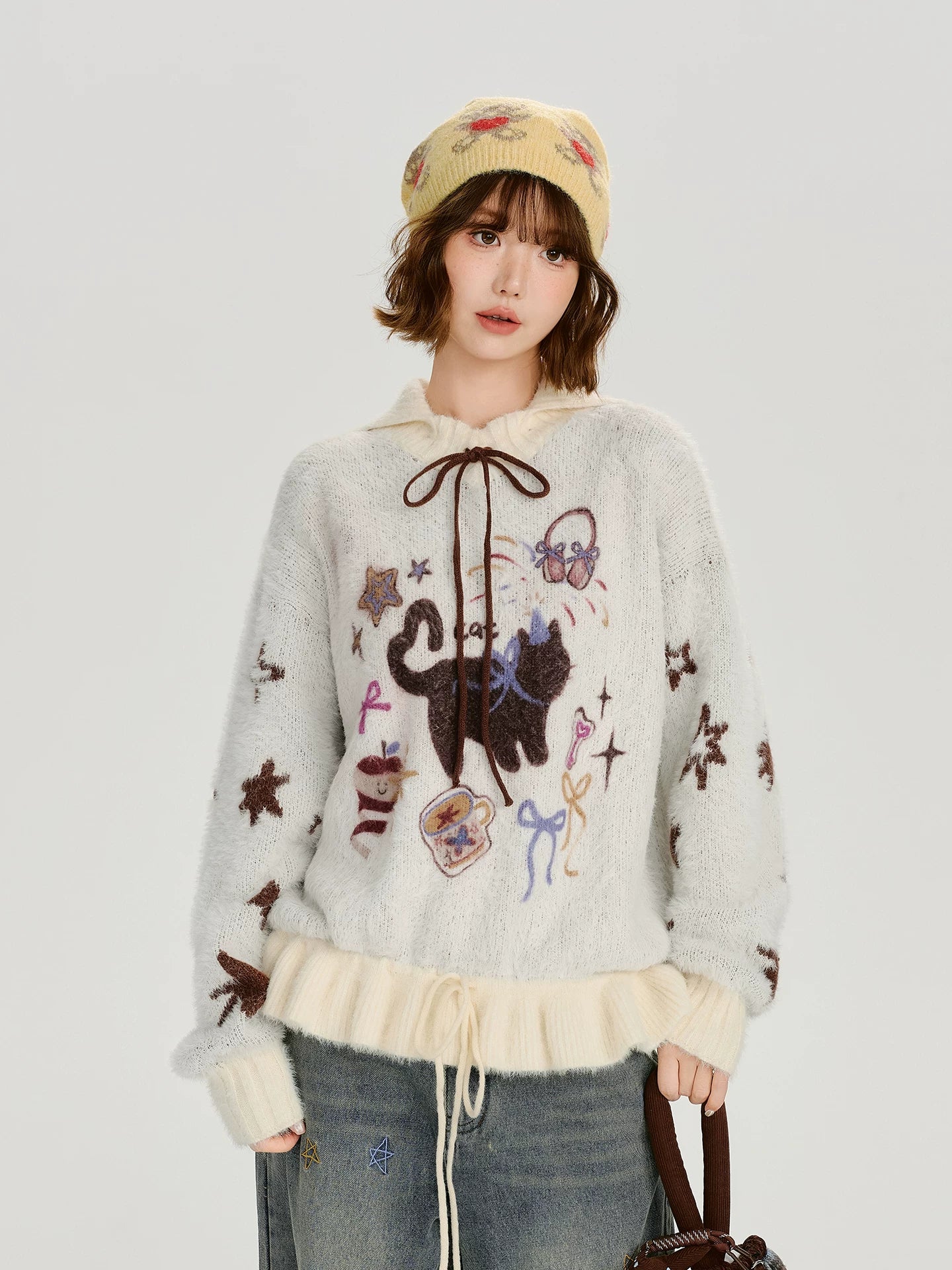 Girlyhalo Vintage Loose Cartoon Jacquard Color Combining Sweater